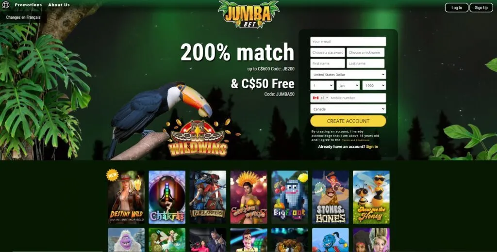 Jumba Bet Casino Homepage
