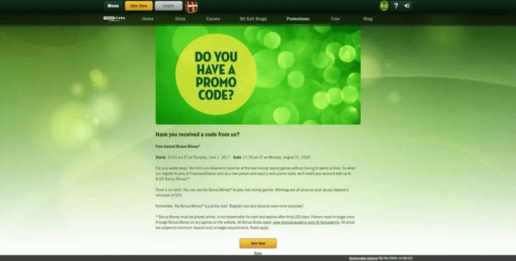 Tropicana Online Casino Code