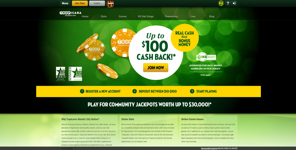 Tropicana Online Casino Homepage
