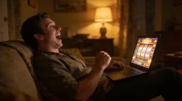 Person reacting with delight to a jackpot win moment on a laptop slot game at home
