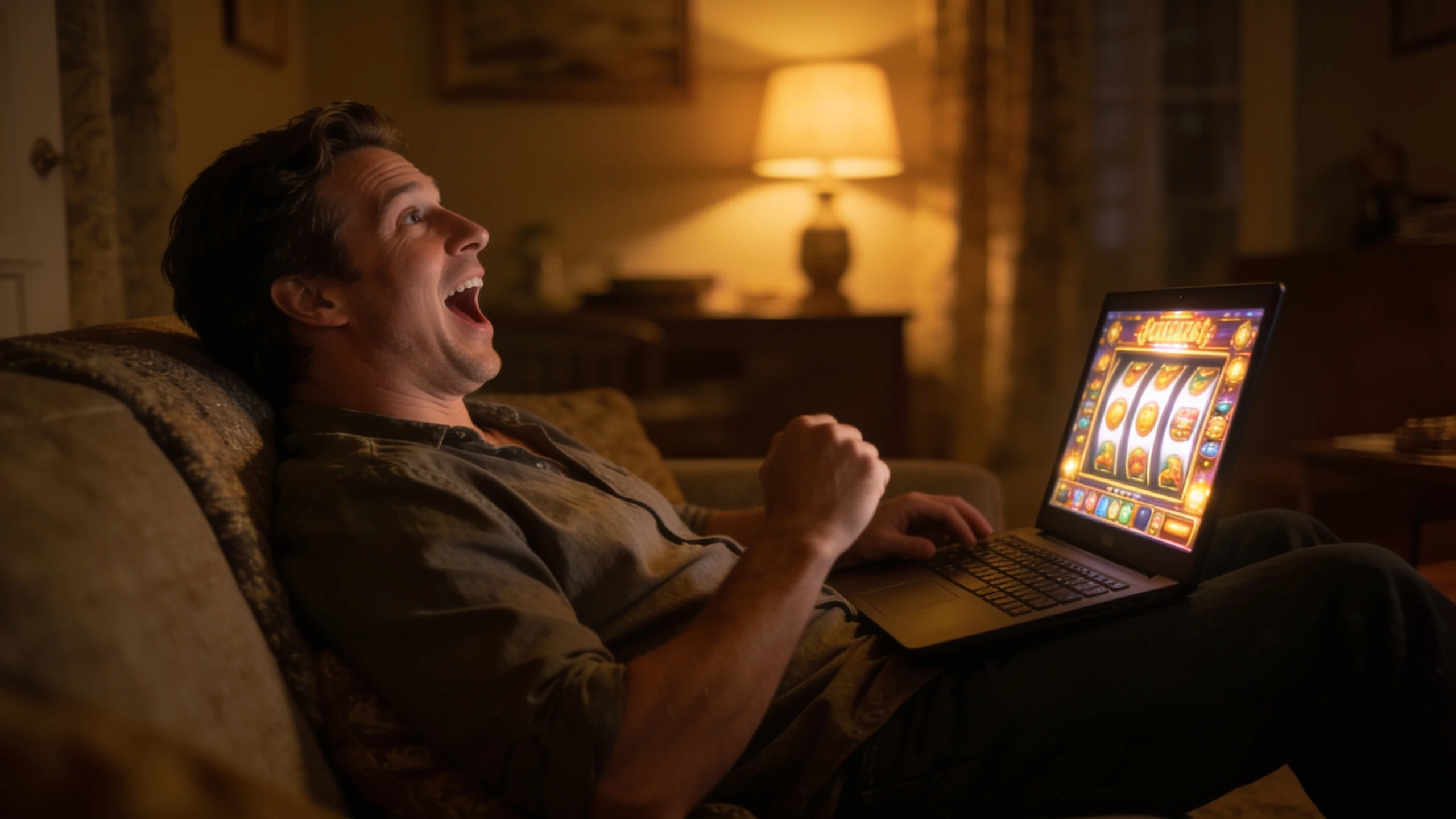 All About Jackpots: Luckera Casino 1 Person reacting with delight to a jackpot win moment on a laptop slot game at home