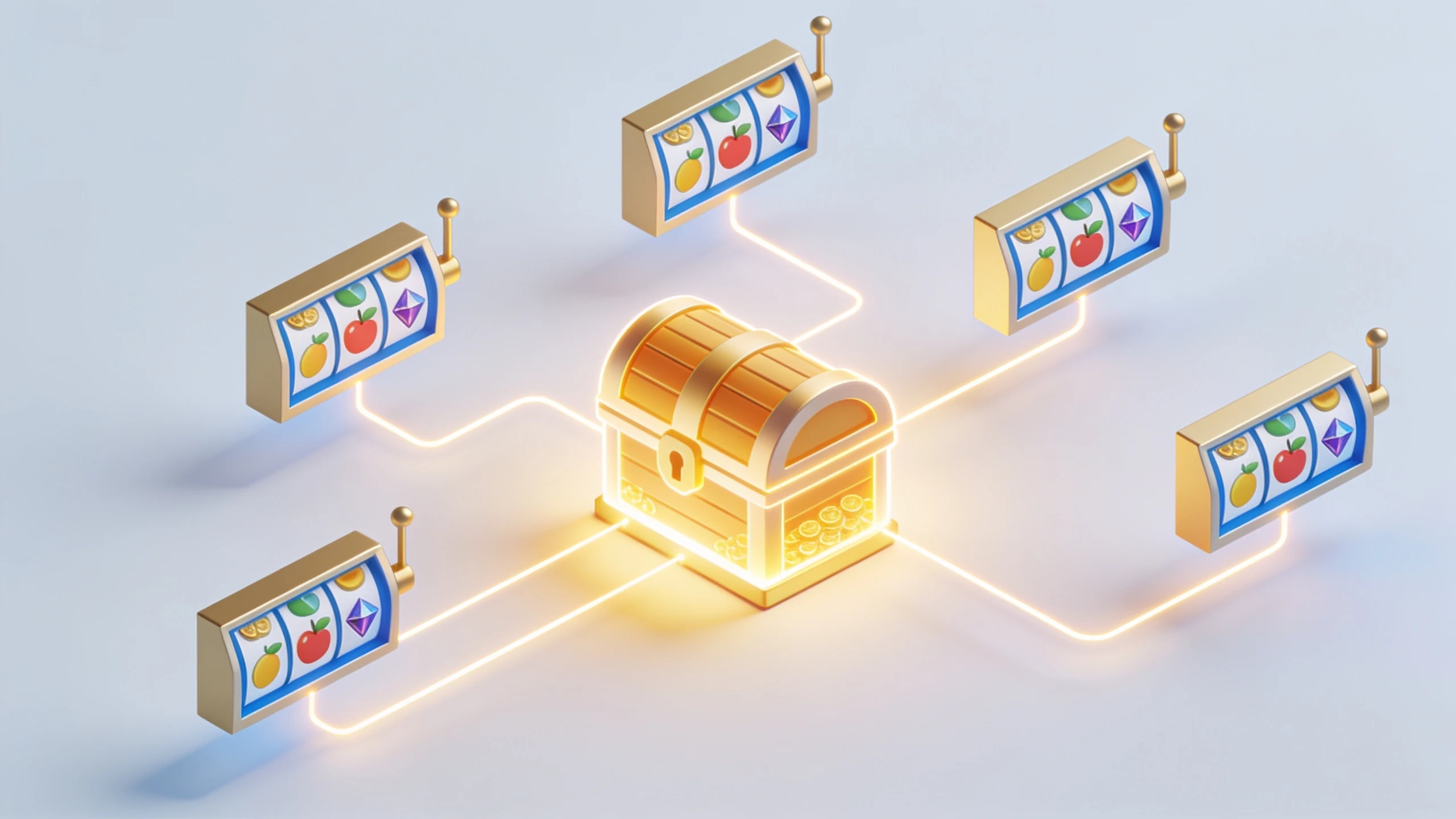 All About Jackpots: Luckera Casino 2 Isometric illustration of multiple slot machine icons feeding a shared glowing prize pool icon, representing how a provider jackpot pool grows