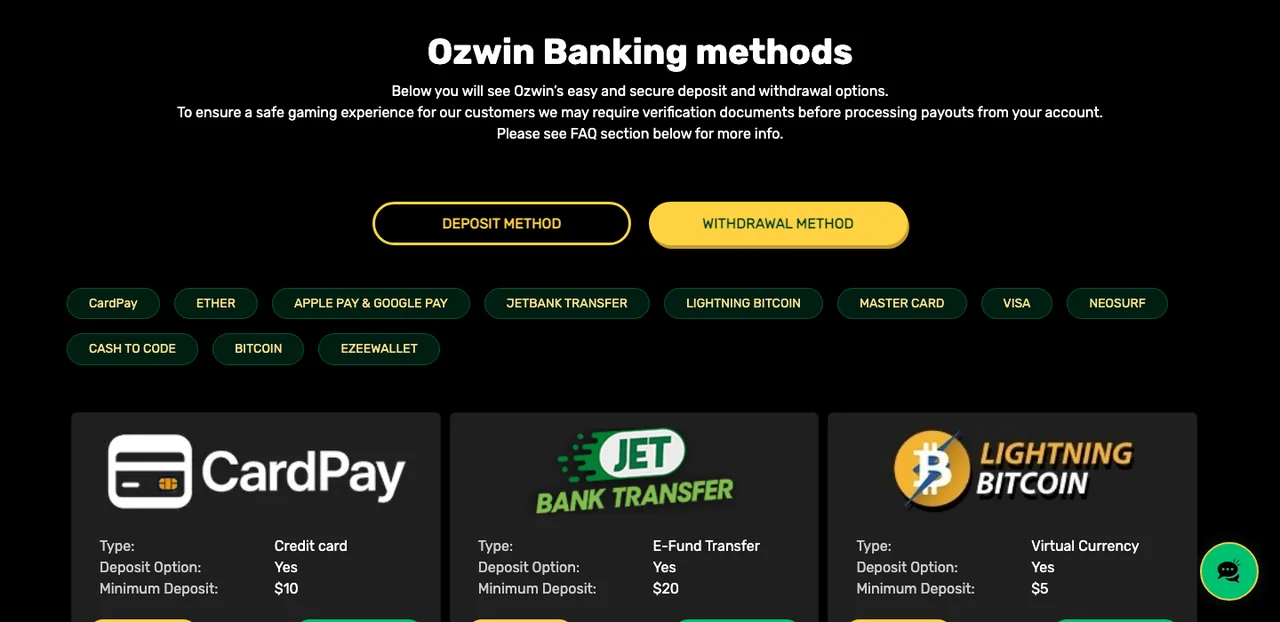 Ozwin Casino Review 2026: Is It Legit? 4 Ozwin banking page with withdrawal options and limits