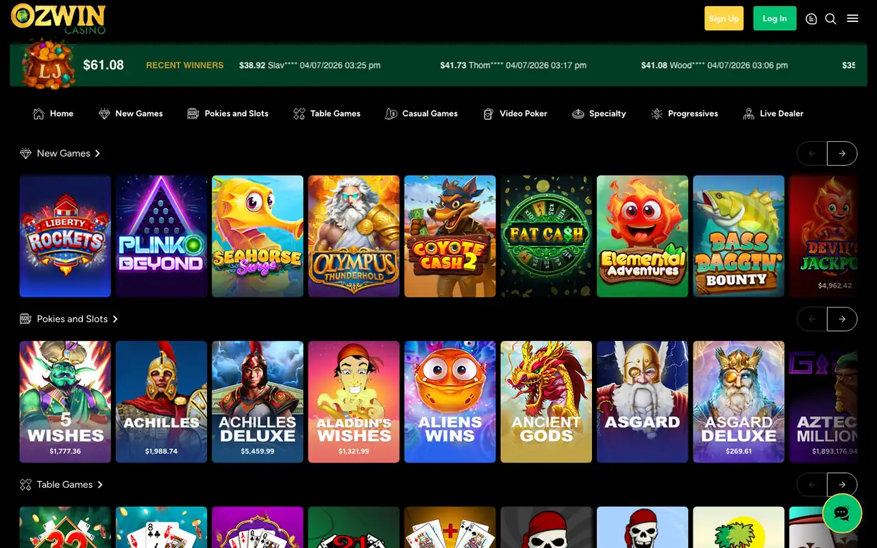 Ozwin Casino Review 2026: Is It Legit? 3 Ozwin game lobby with new pokies and table games