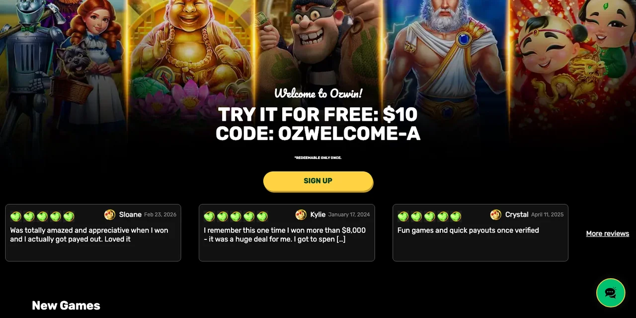 Ozwin Casino Review 2026: Is It Legit? 1 Ozwin Casino homepage with RTG pokies and welcome offer