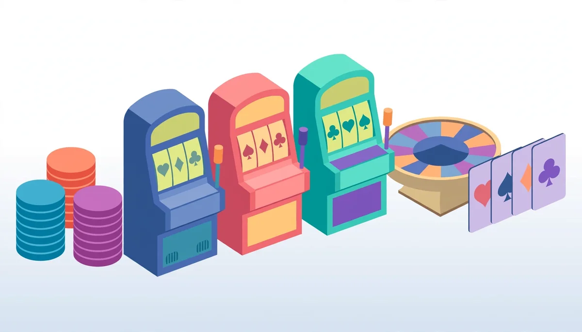 Isometric slots and table games representing casino games available to Canadian players