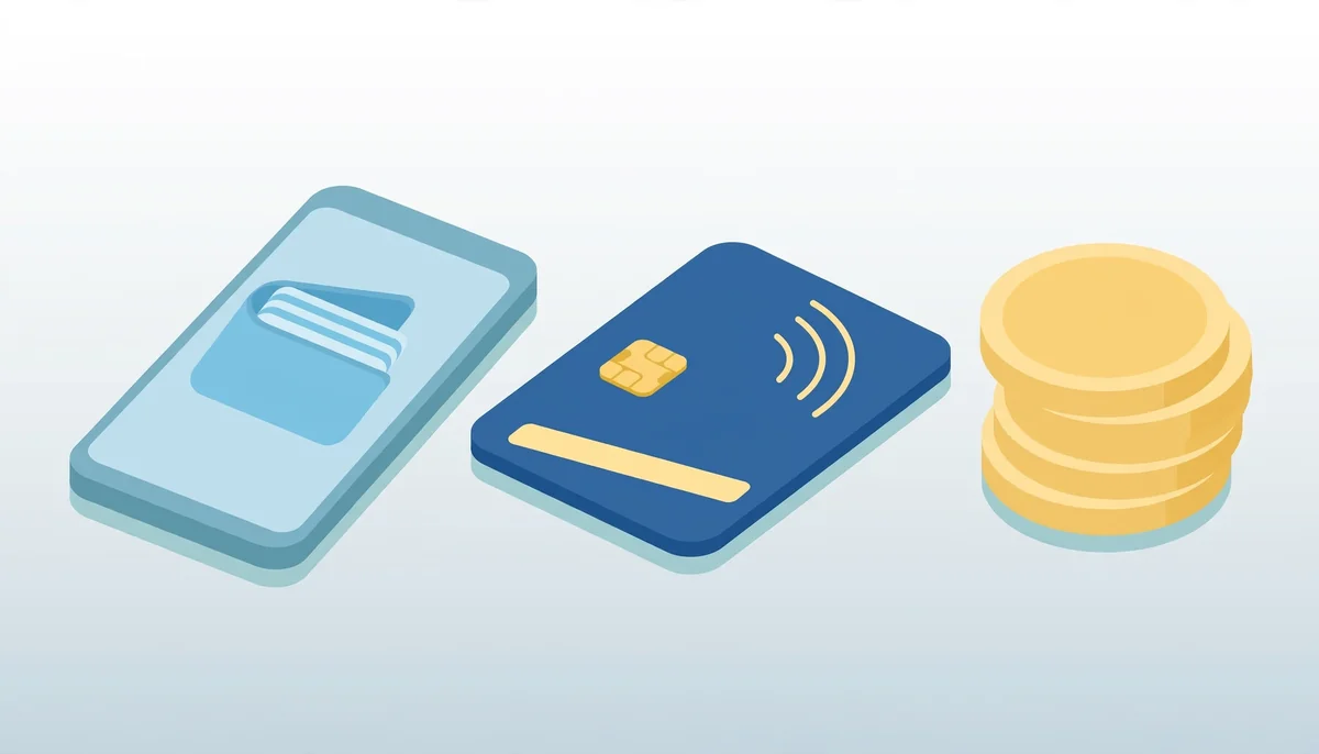 Isometric wallet, cards, and coins representing payment methods for Canadian online casino players