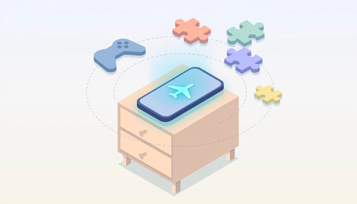 Isometric illustration of a smartphone in airplane mode with floating game controller and puzzle-piece shapes