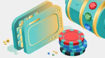 Isometric illustration of a digital wallet, casino chip stack, and slot machine reel representing a first deposit bonus offer