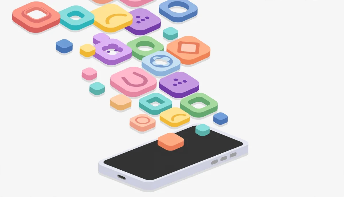 Isometric illustration of a smartphone with colorful floating app-icon blocks