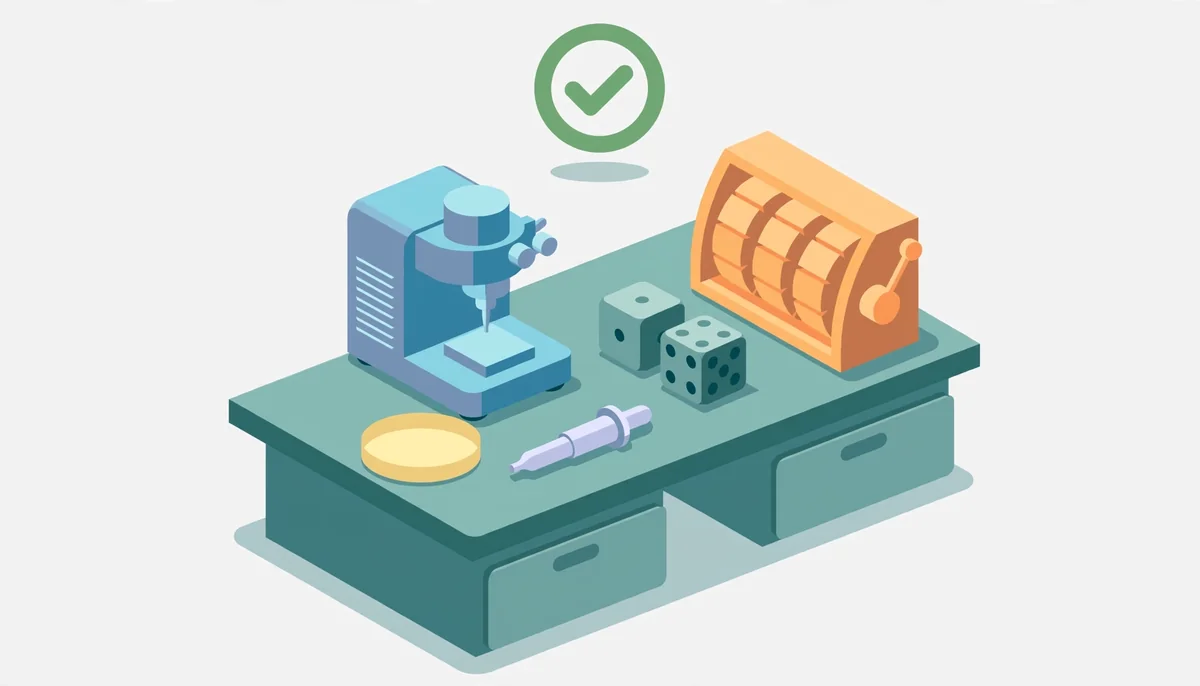 Isometric illustration of an independent lab testing station checking casino game fairness
