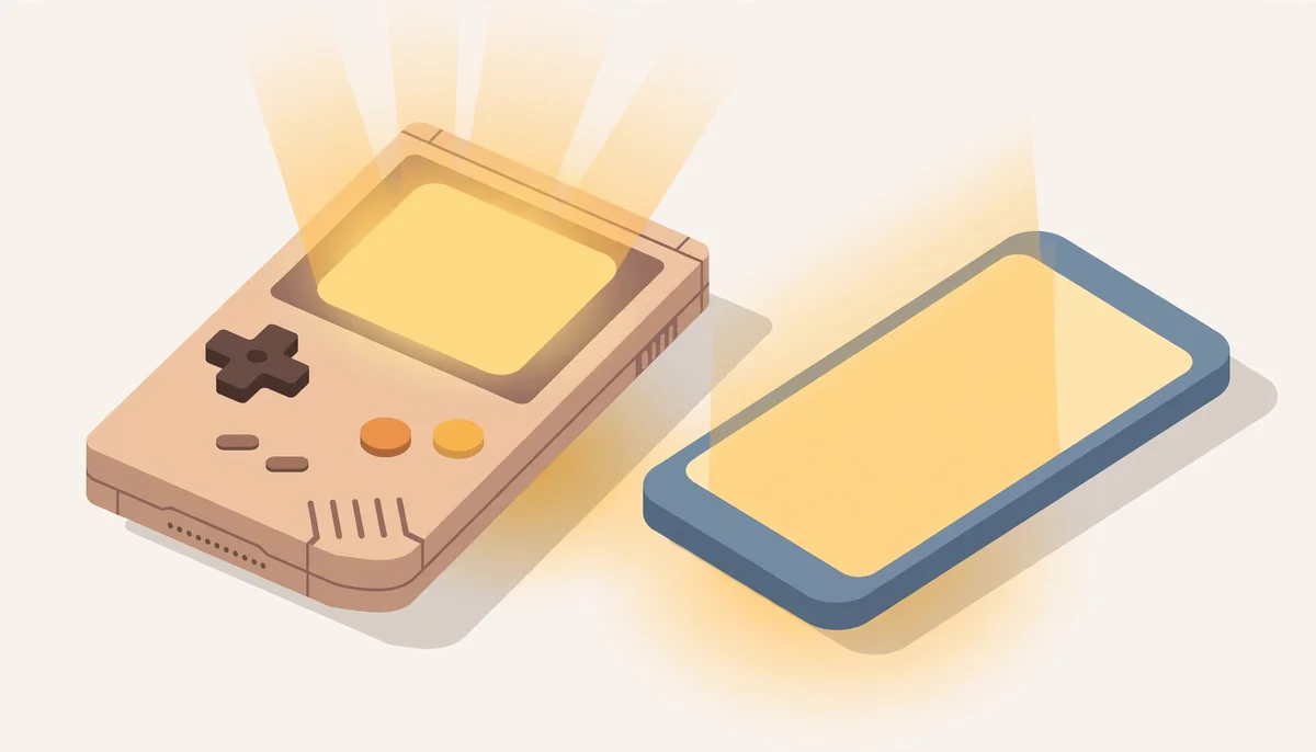 Isometric illustration of a retro handheld console beside a modern smartphone