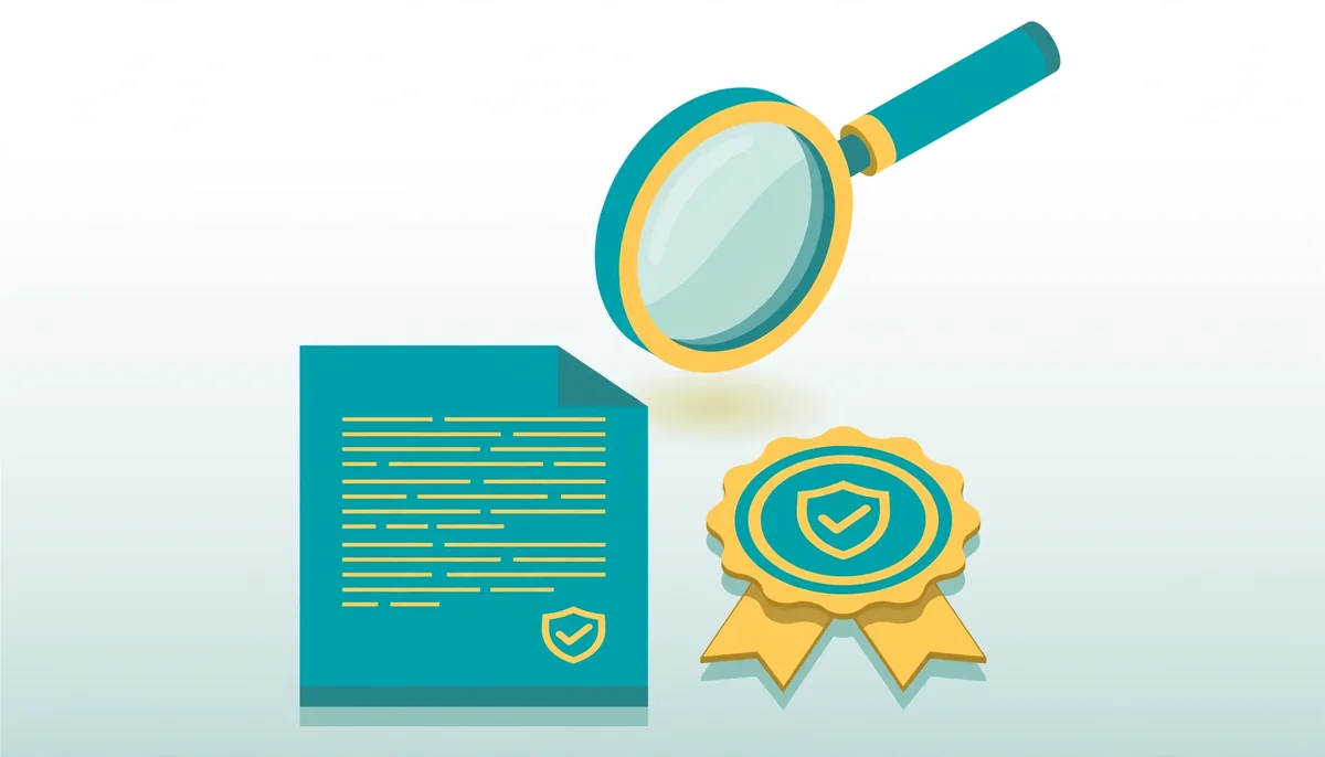 Isometric illustration of a magnifying glass inspecting a license document