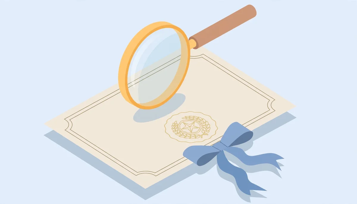 Isometric illustration of a magnifying glass verifying an official casino license certificate