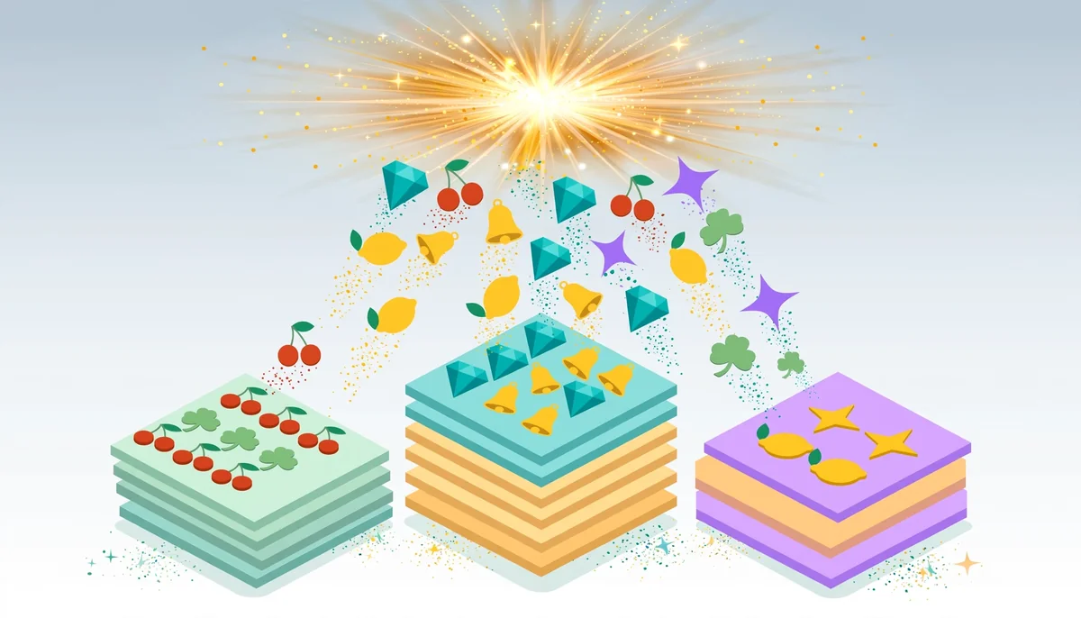 Isometric illustration of cascading Megaways symbols stacking into a rising multiplier
