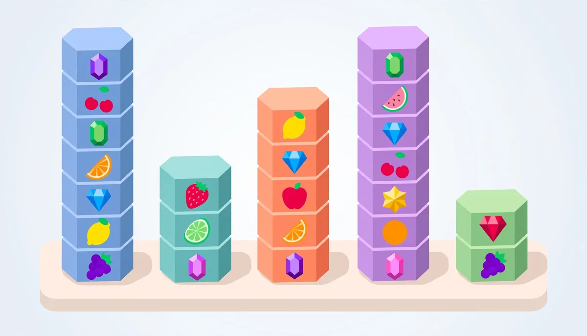 Isometric illustration of Megaways variable slot reel grid with different symbol counts per column