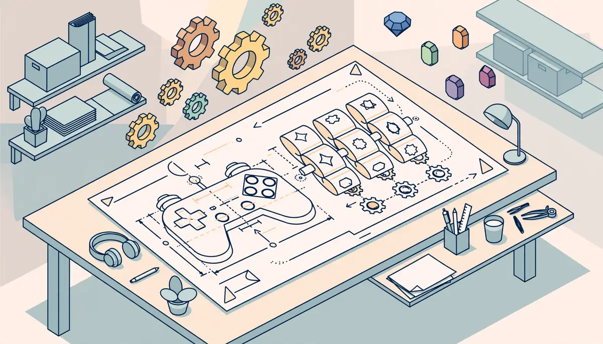 Isometric illustration of a game studio workspace with slot machine blueprint and development icons
