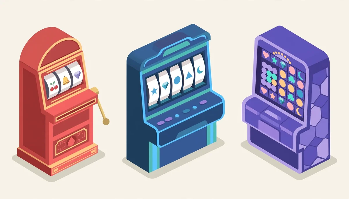 Isometric illustration comparing classic 3-reel, modern 5-reel and cluster-grid slot machine types
