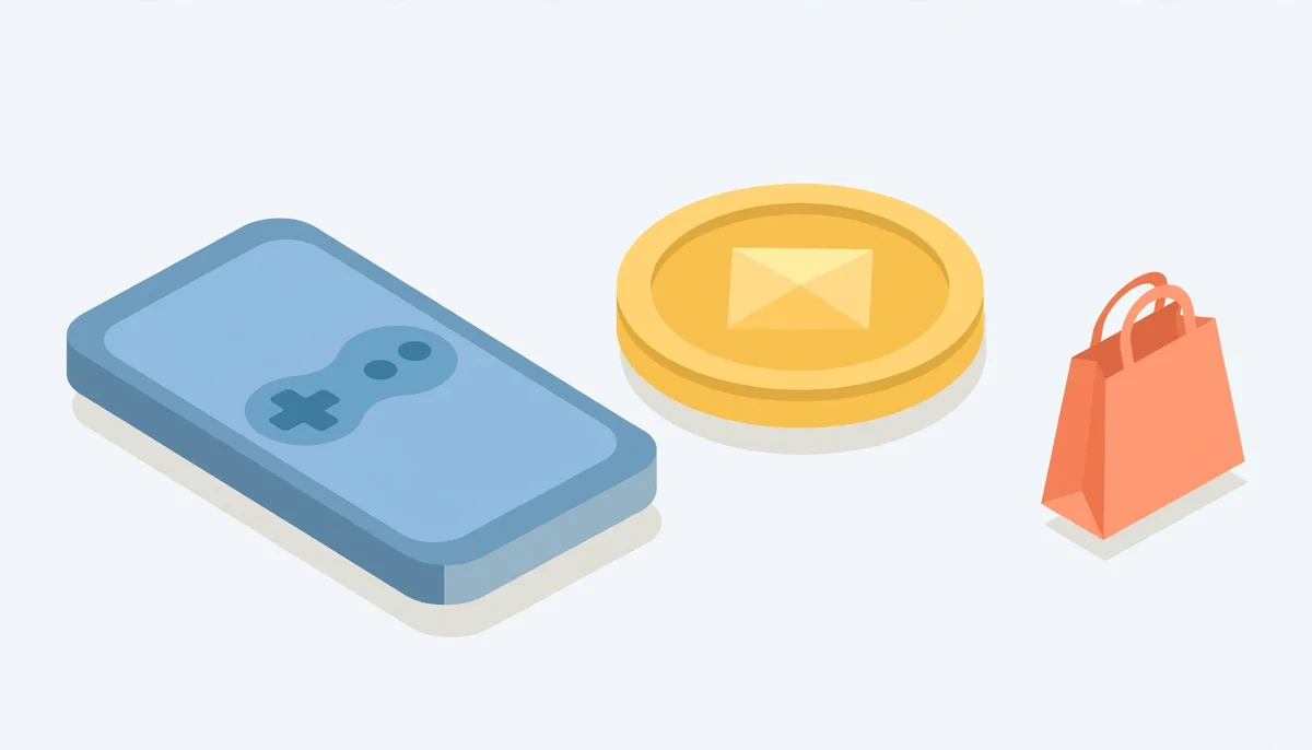 Isometric illustration of a smartphone with a coin icon and shopping-bag silhouette