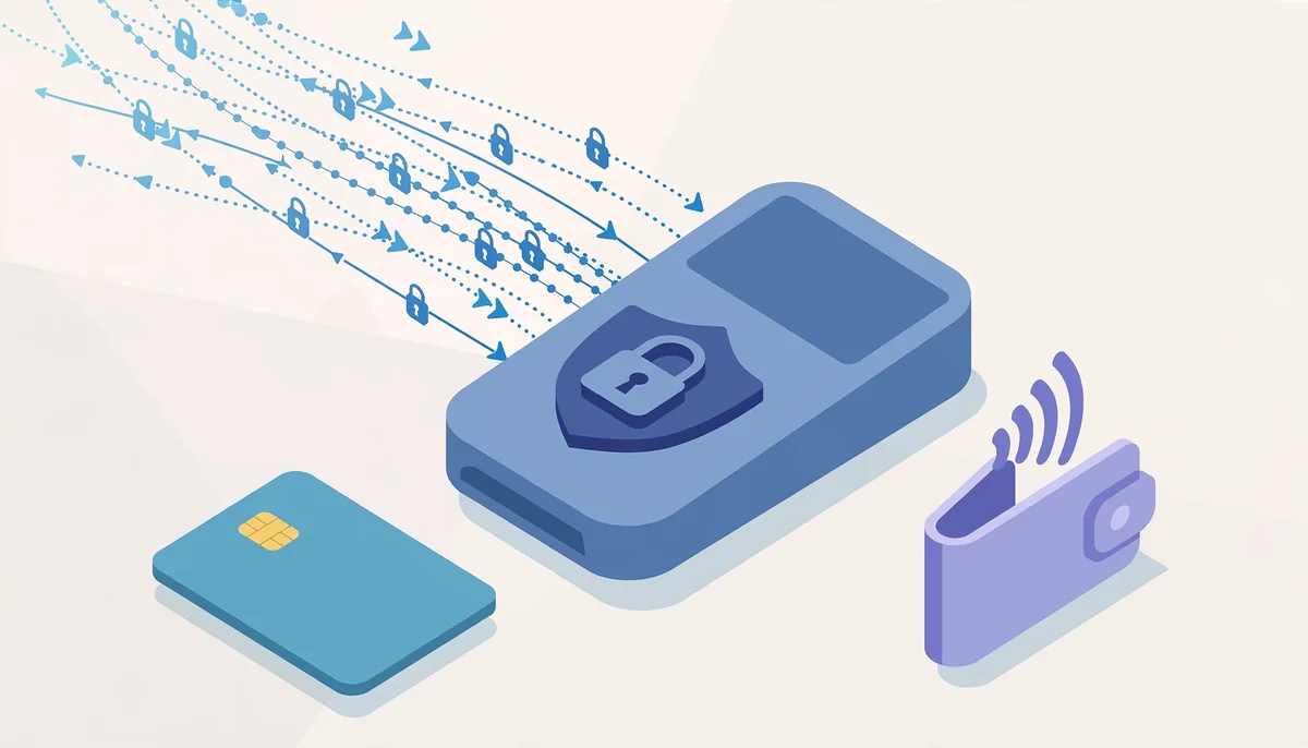 Isometric illustration of a secure encrypted payment terminal with a padlock shield