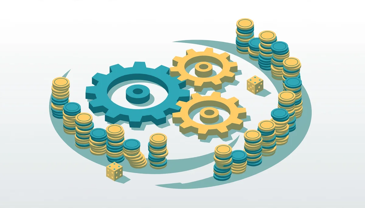 Isometric illustration of gears and casino chips representing wagering multipliers