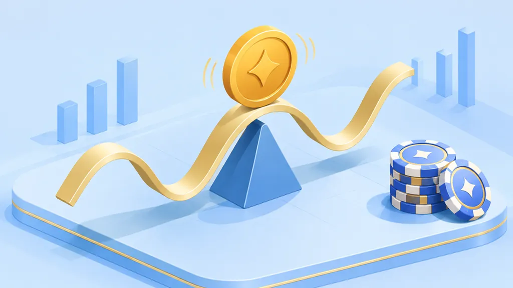 Crypto Casino Bonuses: How Bitcoin Welcome Offers Work 3 Golden coin balanced on a wavy price line beside a stack of casino chips