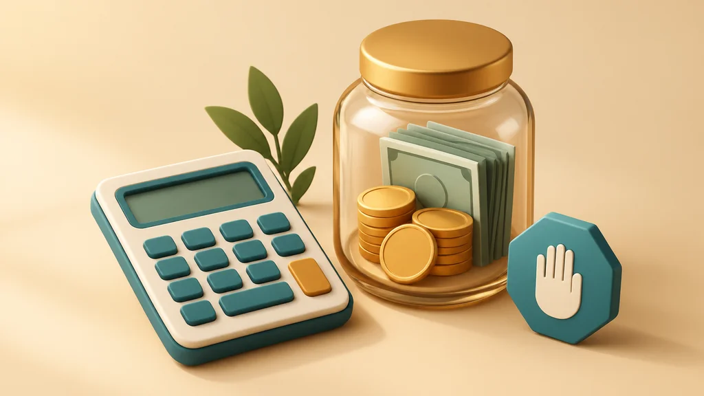 Calculator and coin jar with pause icon representing budget planning before deposit