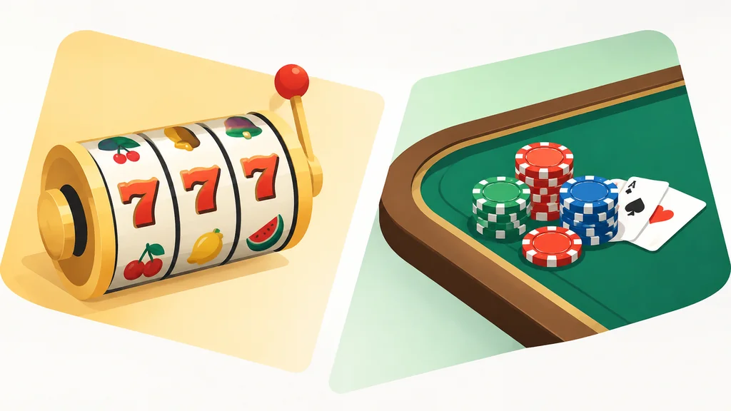 Abstract slot machine reel beside a card-table corner with chips