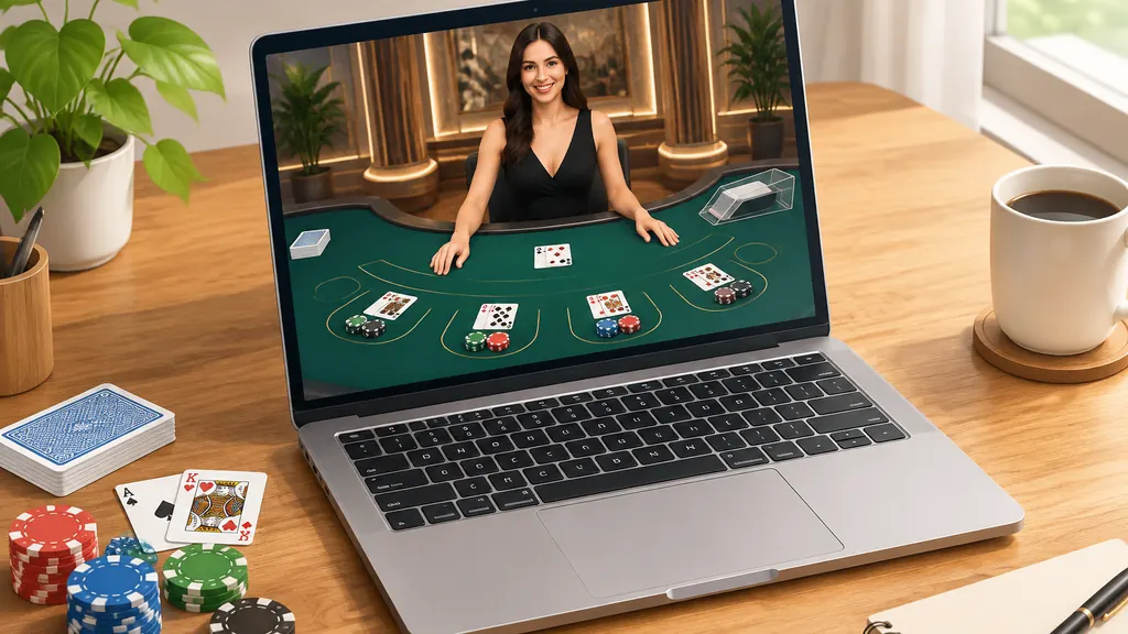 Isometric laptop streaming a live dealer blackjack game on a desk