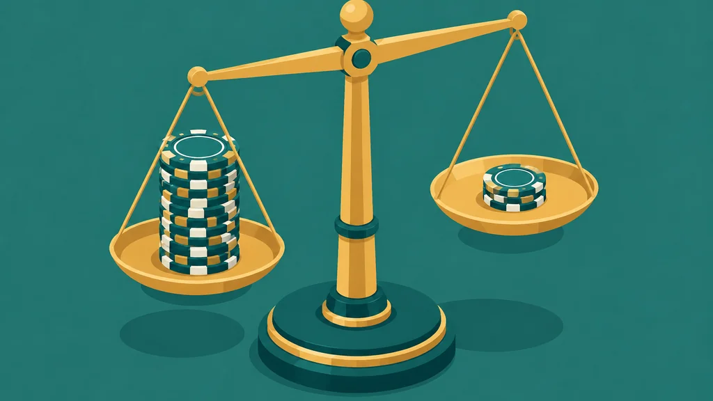Isometric balance scale holding a tall chip stack against a small one