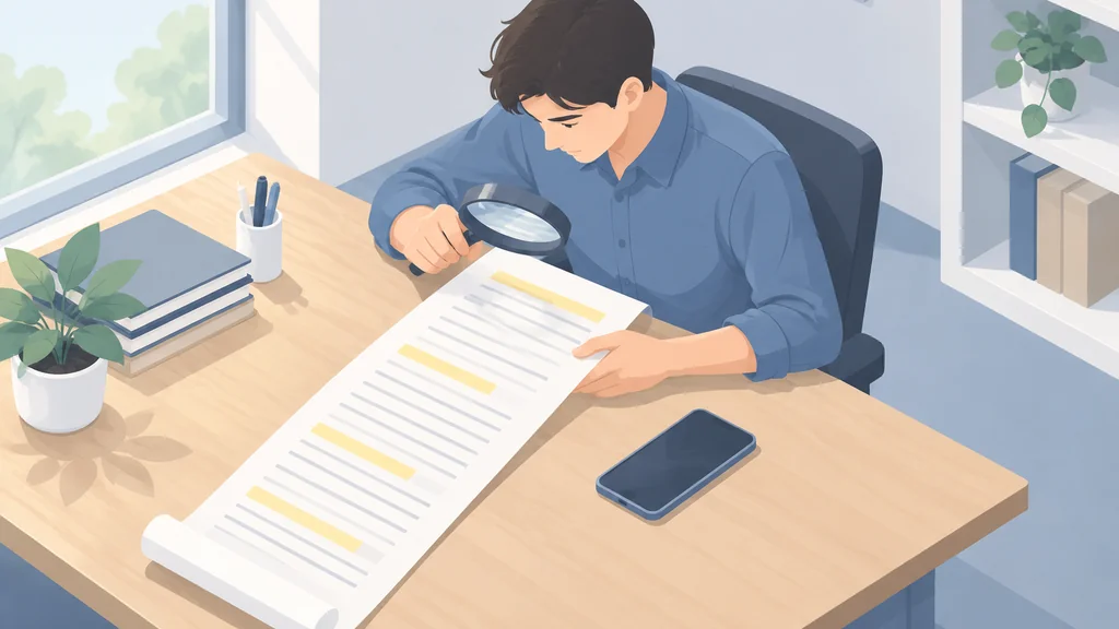 Isometric reader checking long bonus terms with a magnifying glass