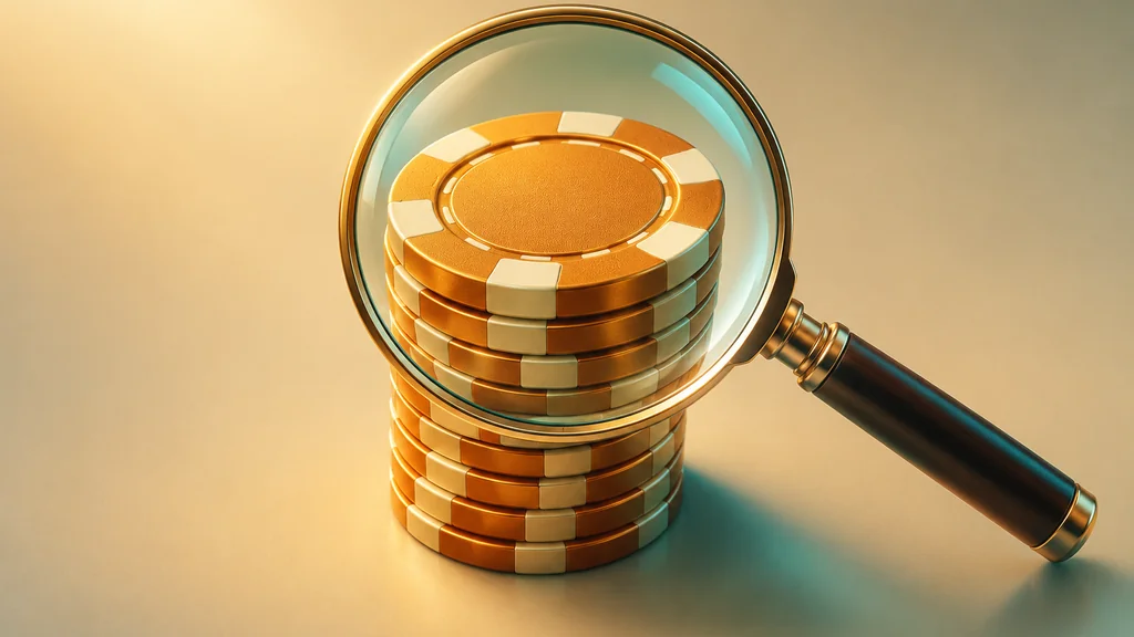 Magnifying glass examining stacked gold and amber casino chips in isometric 3D style