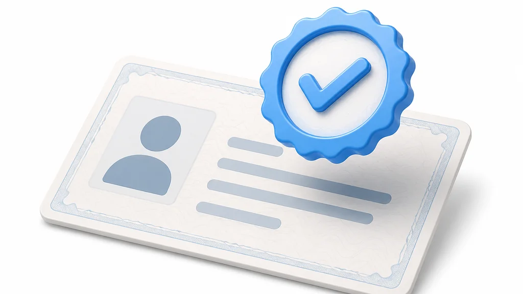 ID-style document with a verified checkmark seal, representing an online casino licence check