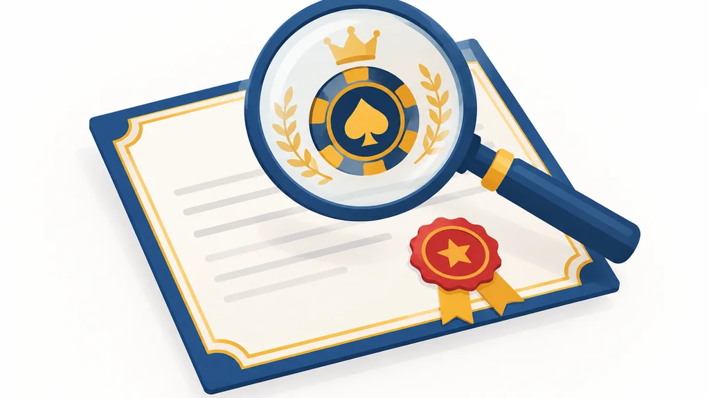Isometric illustration of a magnifying glass inspecting a casino licence certificate and official seal