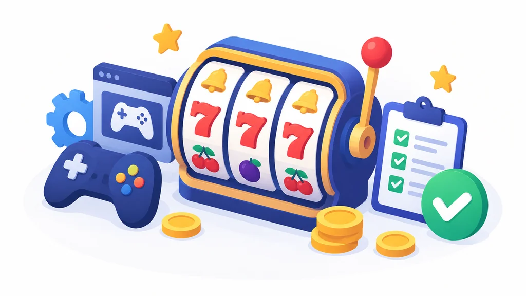 Isometric illustration of slot machine reels and game studio icons next to an audit checkmark