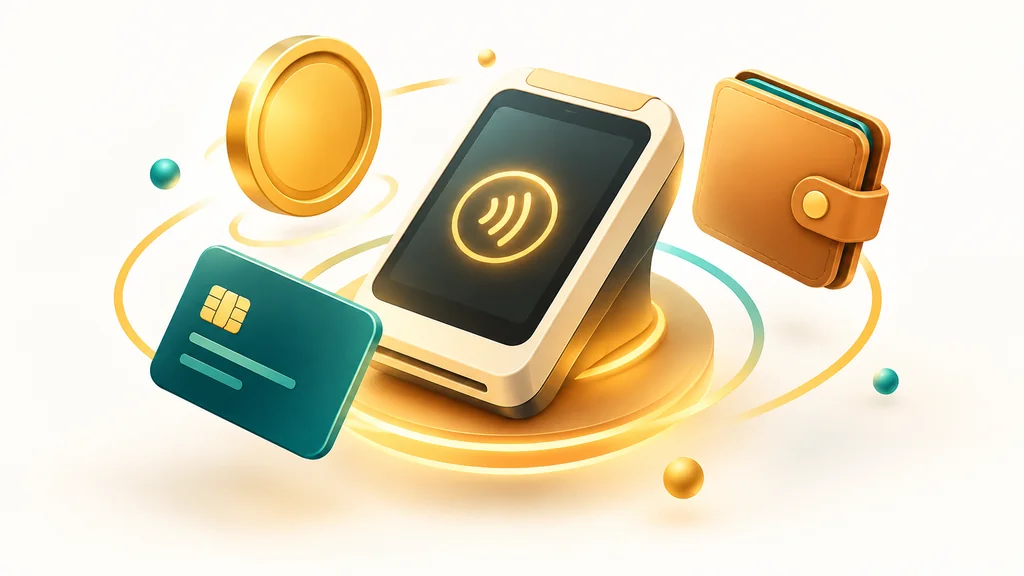 Abstract payment icons for crypto, cards, and e-wallets surrounding a glowing deposit terminal