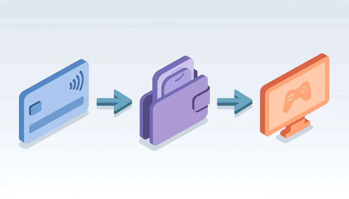 Isometric illustration of money flowing from a bank card through a wallet to a casino.