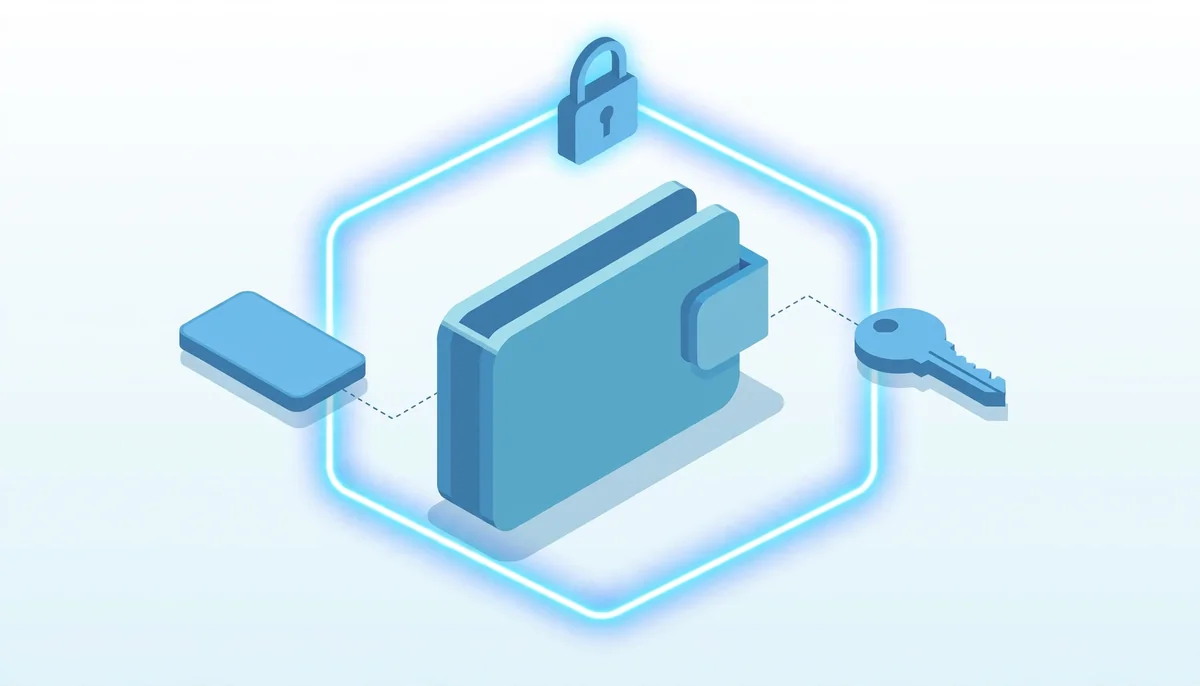 Isometric illustration of a digital wallet protected by a security shield and padlock.