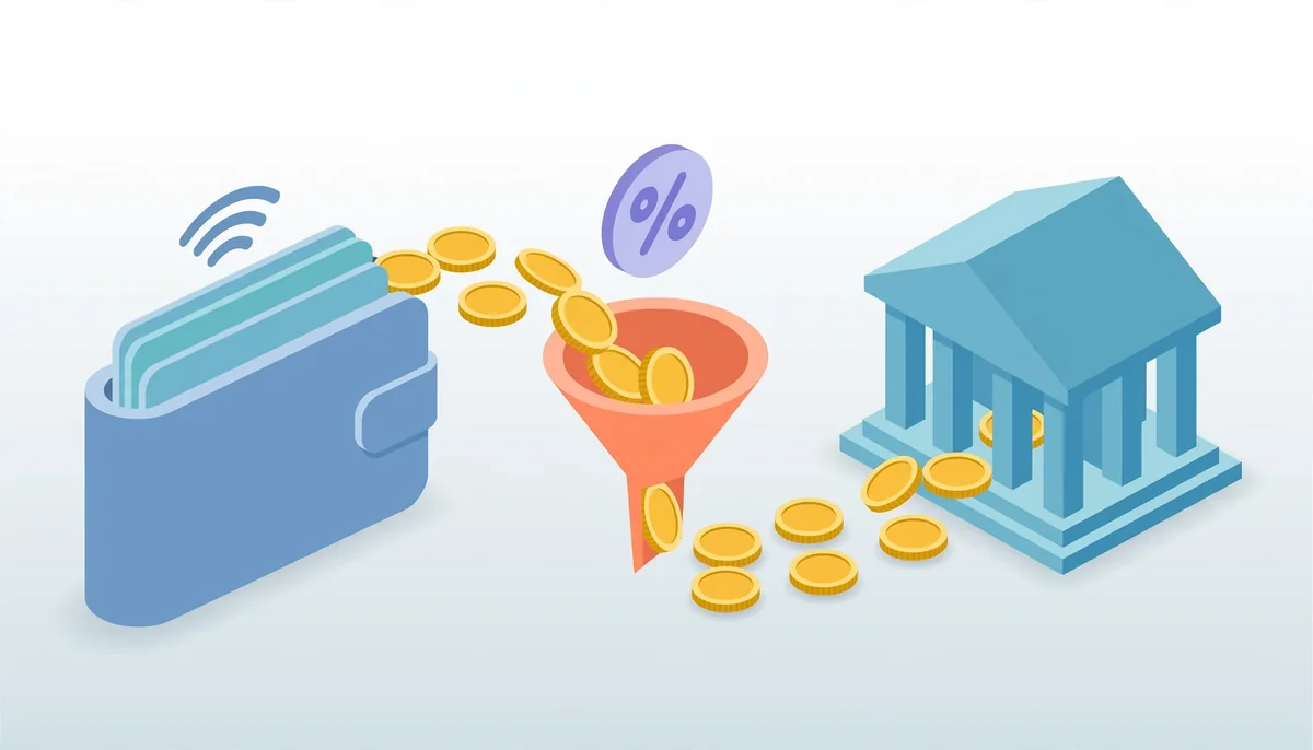 Isometric illustration of coins flowing from a wallet through a fee gate to a bank.