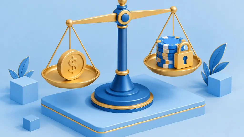 Crypto Casino Bonuses: How Bitcoin Welcome Offers Work 2 Golden coin and locked chip stack on balancing scales illustrating bonus conditions